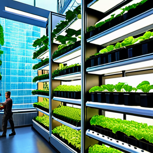 Home 4 A futuristic, multi-level vertical farm inside a city skyscraper, showcasing hydroponics and aeroponics with vibrant LED lighting. The scene emphasizes sustainability and urban food production, with people working among the plants.