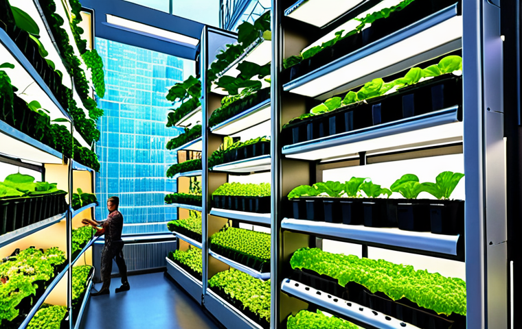 A futuristic, multi-level vertical farm inside a city skyscraper, showcasing hydroponics and aeroponics with vibrant LED lighting. The scene emphasizes sustainability and urban food production, with people working among the plants.