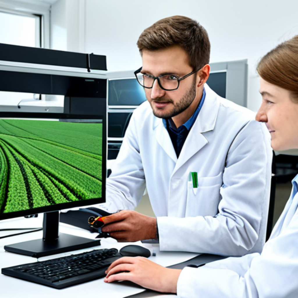 Smart Farming Innovation**

"A bright, modern agricultural research lab in Germany.  Engineers are collaborating on a Smart Farming project, using laptops and examining sensor data on a large monitor.  One engineer is holding a soil sample.  The atmosphere is collaborative and innovative.  Clean lab coats, professional environment, appropriate content, safe for work, perfect anatomy, correct proportions, well-formed hands, professional, fully clothed, family-friendly."

**
