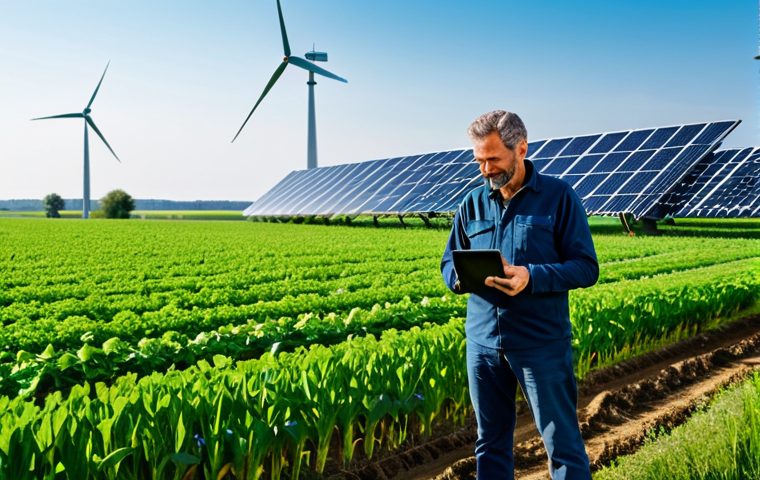 Modern Farm with Sustainable Technology**

"A picturesque, fully clothed farmer using a tablet to monitor smart irrigation systems in a lush, green field of crops, appropriate attire, modern windmills and solar panels in the background, safe for work, perfect anatomy, correct proportions, natural pose, professional, family-friendly, German countryside setting, high resolution, detailed, vibrant colors."

**