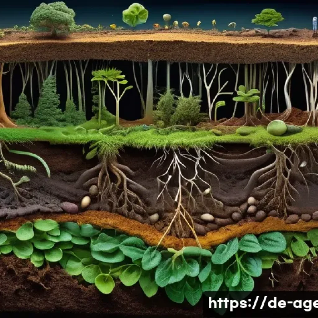 농업환경기술자와 토양 관리 기술 - A highly detailed, cross-sectional view of a thriving, healthy soil ecosystem. The image should focu...