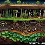 농업환경기술자와 토양 관리 기술 - A highly detailed, cross-sectional view of a thriving, healthy soil ecosystem. The image should focu...