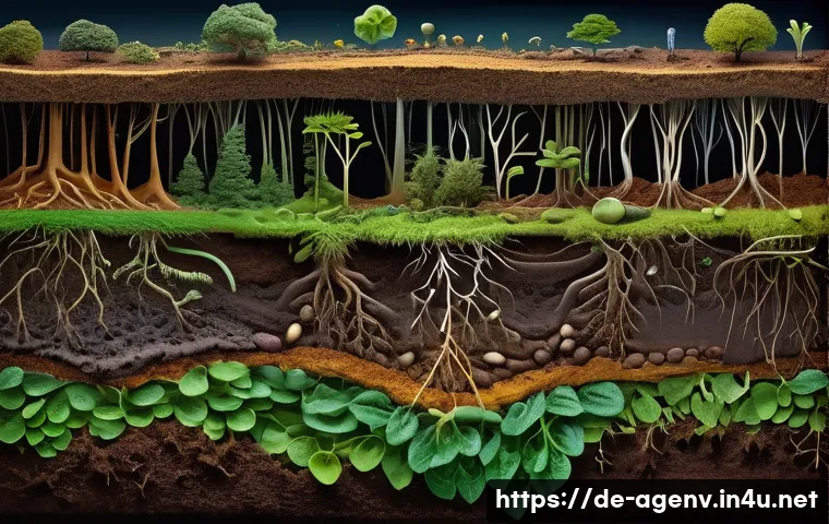 농업환경기술자와 토양 관리 기술 - A highly detailed, cross-sectional view of a thriving, healthy soil ecosystem. The image should focu...