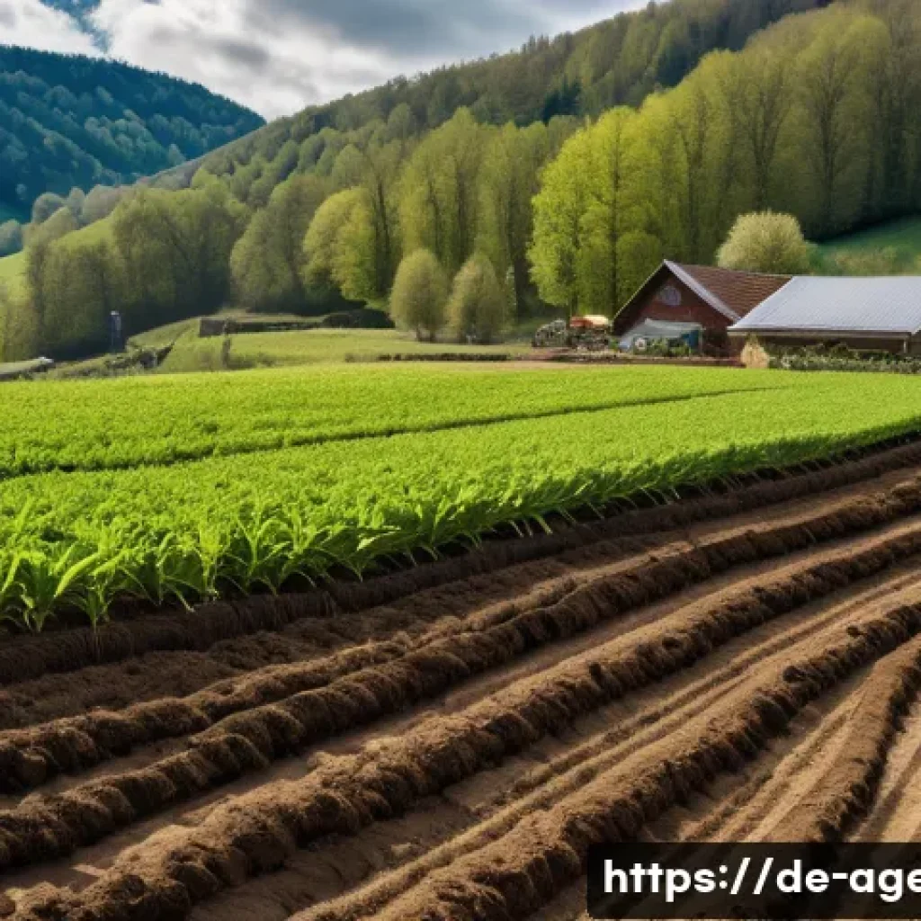 농업환경기술자 자격증과 연관된 직업군 - A detailed scene of sustainable agriculture on a German hillside farm after heavy rain, showcasing h...