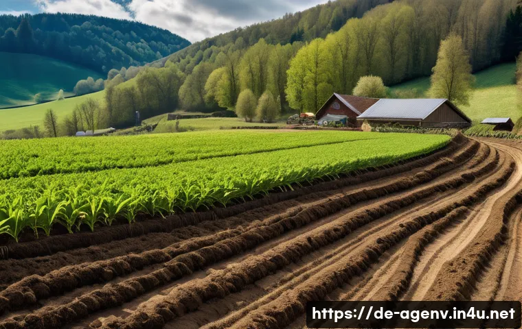 농업환경기술자 자격증과 연관된 직업군 - A detailed scene of sustainable agriculture on a German hillside farm after heavy rain, showcasing h...