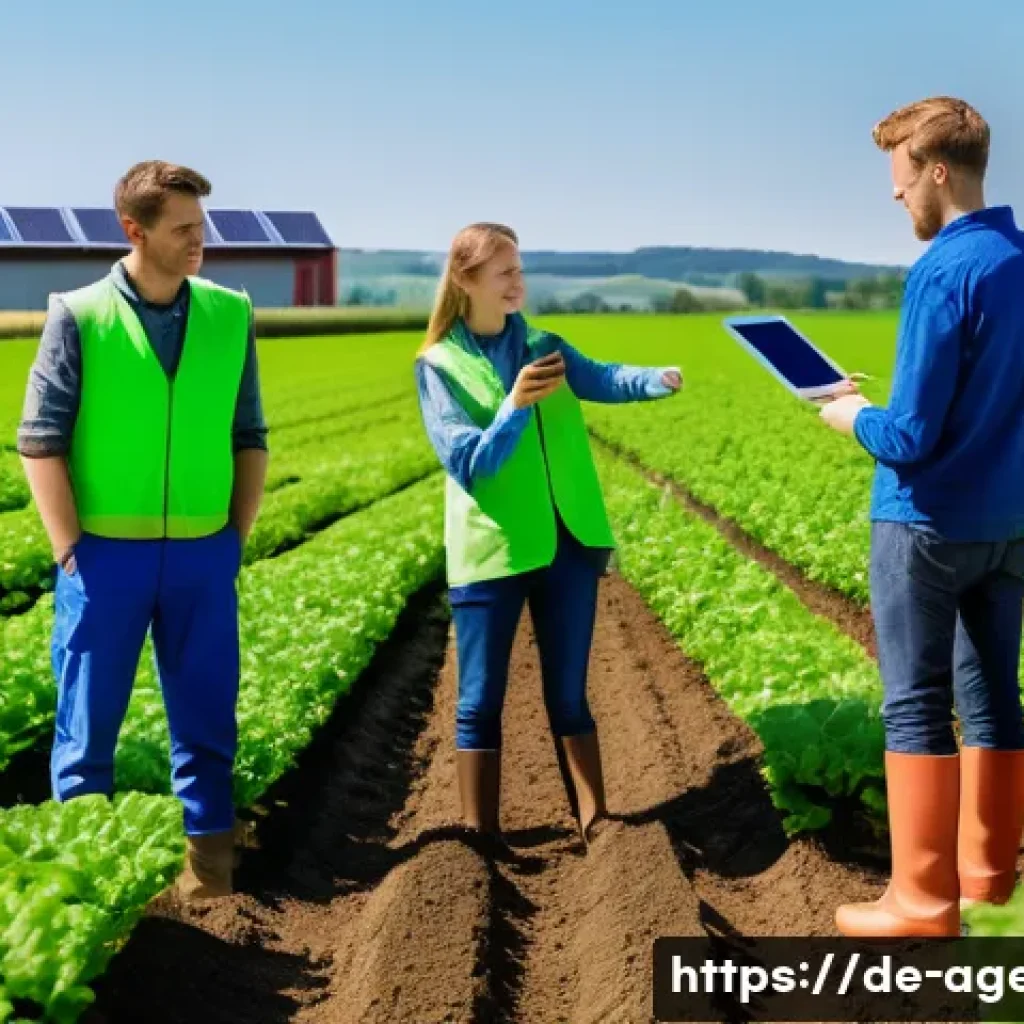 농업환경기술자 실습 과정 후기 - A detailed scene of agricultural environmental technology training on a modern German farm: young ad...