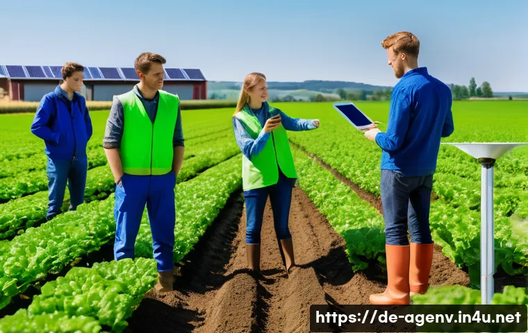 농업환경기술자 실습 과정 후기 - A detailed scene of agricultural environmental technology training on a modern German farm: young ad...
