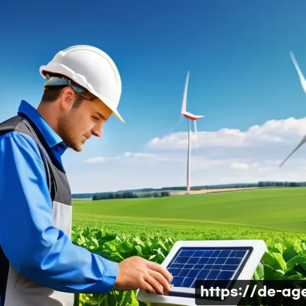농업환경기술자 자격증 시험 합격률 분석 - A modern agricultural technician in a German rural setting, wearing protective work clothes and safe...