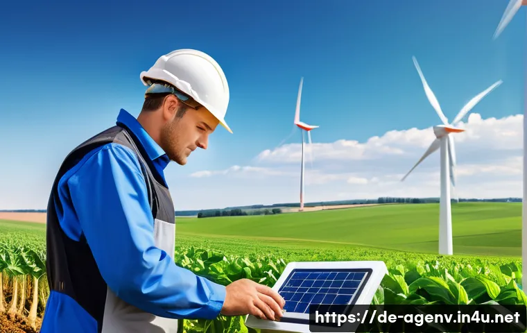 농업환경기술자 자격증 시험 합격률 분석 - A modern agricultural technician in a German rural setting, wearing protective work clothes and safe...