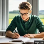 농업환경기술자 학습 스케줄 관리 방법 - A focused young adult agricultural environmental technician studying at a modern desk, surrounded by...