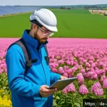 농업환경기술자 자격증의 산업 내 가치 - A modern sustainable farm scene in Germany during spring, featuring an agricultural environmental en...