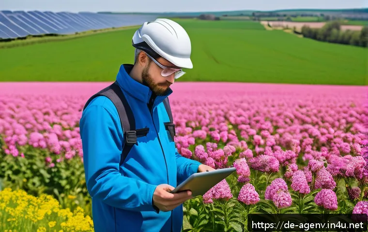 농업환경기술자 자격증의 산업 내 가치 - A modern sustainable farm scene in Germany during spring, featuring an agricultural environmental en...