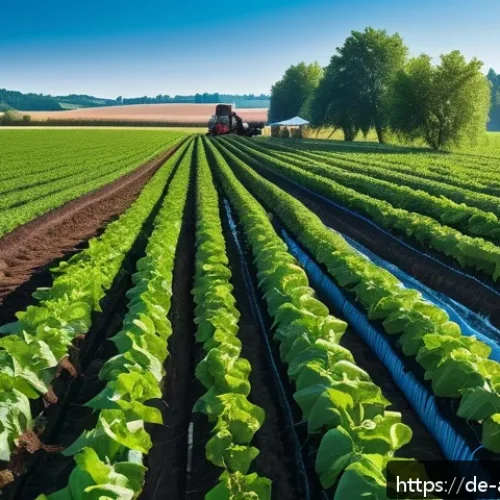 농업환경기술자와 수질 관리 기술 - A modern European farm landscape in summer, showcasing a field equipped with advanced drip irrigatio...