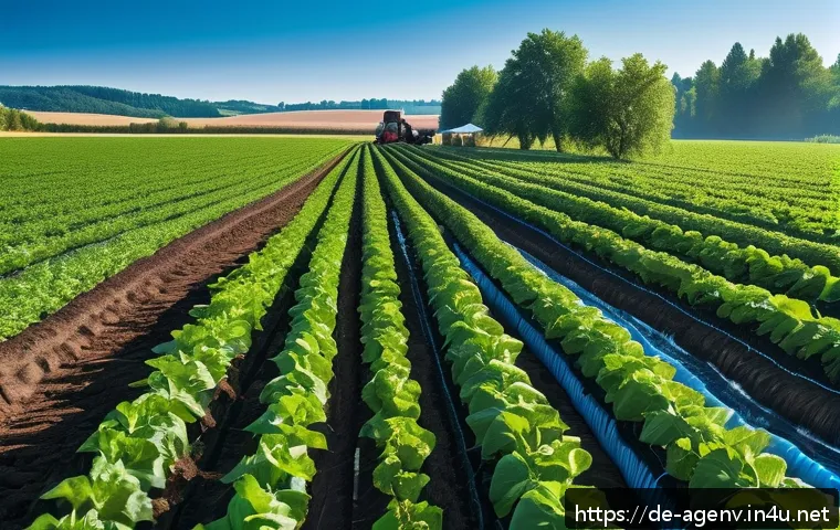 농업환경기술자와 수질 관리 기술 - A modern European farm landscape in summer, showcasing a field equipped with advanced drip irrigatio...