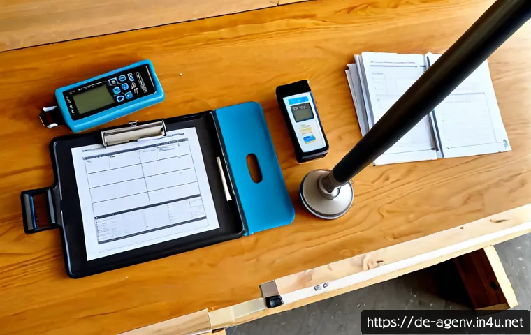 농업환경기술자 실기 시험 도구 준비 - Photorealistic top-down flat lay of practical agricultural environmental technician exam equipment n...